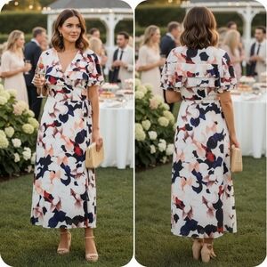 1. State XS Whimsigoth Wedding Guest Feminine Romantic Cascading Wrap Midi Dress